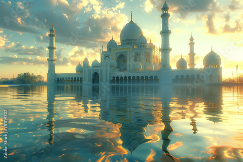 The Taj Mahal in a tranquil vector illustration, with its majestic reflection shimmering in the water at sunset. AI Generated.