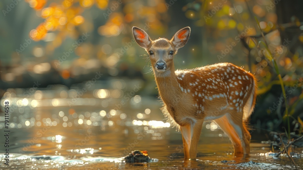 A gentle deer approaching a clear stream for a drink A gentle deer approaching a clear stream for a drink