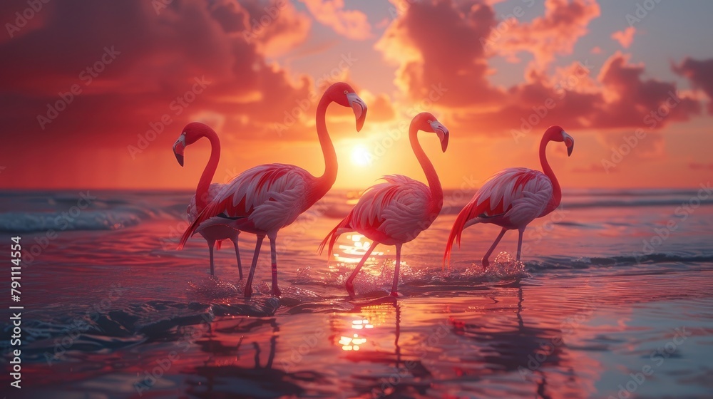 Fototapeta premium A group of flamingos wading in a shallow saltwater marsh at sunrise