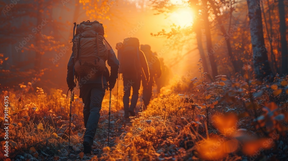 Fototapeta premium A group of hikers trekking through a sunlit forest, 4k, ultra hd