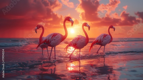 A group of flamingos wading in a shallow saltwater marsh at sunrise