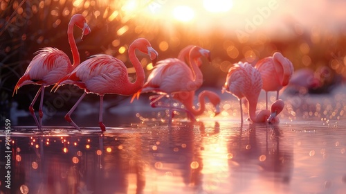 A group of flamingos wading in a shallow saltwater marsh at sunrise