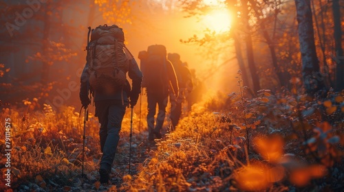A group of hikers trekking through a sunlit forest, 4k, ultra hd