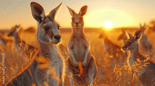 A group of kangaroos hopping across the Australian Outback at sunset