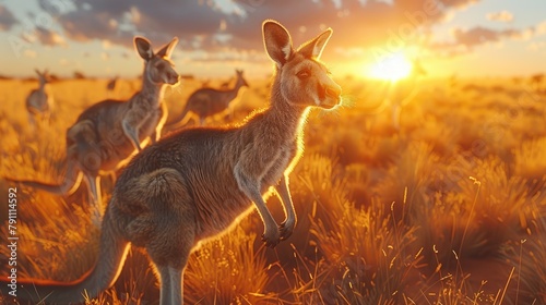 A group of kangaroos hopping across the Australian Outback at sunset