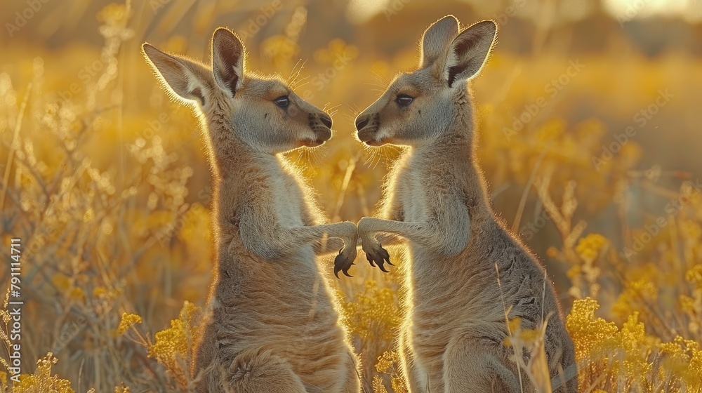 A pair of kangaroos boxing playfully in the Australian Outback A pair of kangaroos boxing playfully in the Australian Outback