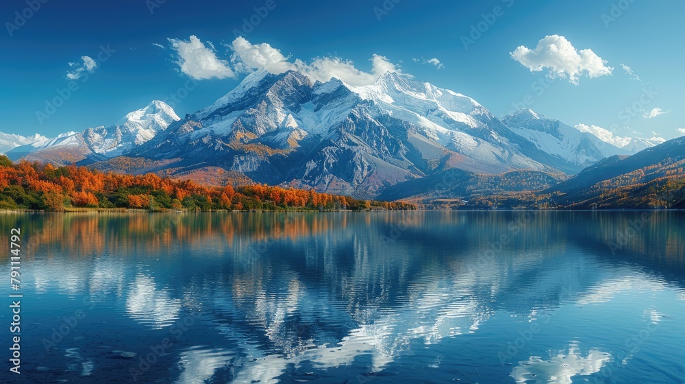 A shimmering lake reflecting a snow-capped mountain, 4k, ultra hd