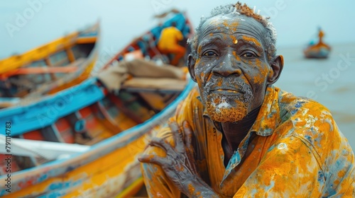 A Senegalese fisherman mending his colorful boat on the shores of Dakar, 4k, ultra hd photo