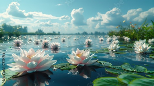 A serene pond with water lilies in full bloom under a clear blue sky