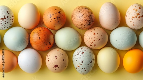  A collection of speckled brown and white eggs arranged on a yellow and orange backdrop