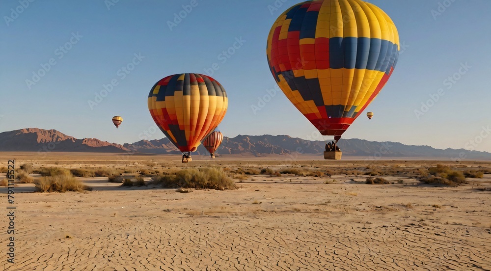 Obraz premium Colorful hot air balloons flying over desert landscape, vibrant aircraft soaring above arid wilderness, scenic morning flight in dry valley