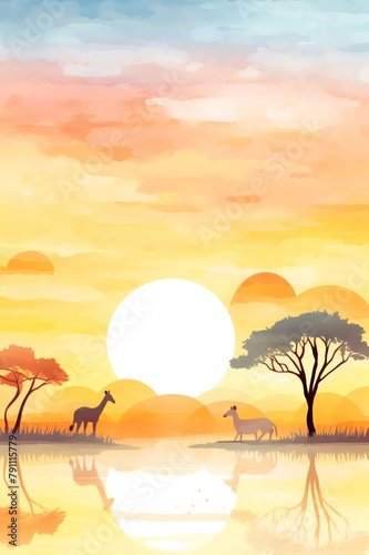 Dynamic African savannah sunset with silhouettes of wildlife, ideal for a living area or travelthemed room, bringing the exotic allure and dramatic colors of the wild