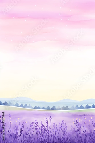 Lavender field at dusk wall art, suitable for a bedroom or spa area, with soft purples and calming aromas promoting relaxation and peace © Watercolorbackground