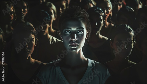 illuminated woman's face stands out from a crowd of people in the shadows photo