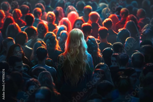 illuminated beautiful blonde rises above a crowd of diverse dark people photo