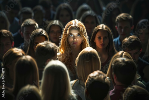 illuminated beautiful blonde rises above a crowd of diverse dark people