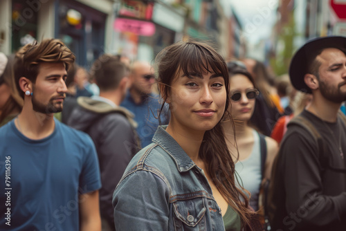 attractive woman looking at camera among crowd of blurred people © viktorbond
