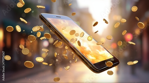 Conceptual representation of a smartphone with gold coins floating around symbolizing mobile payment or digital wealth