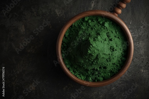 Raw organic spirulina powder background and texture top view. Very realistic, 8k quality, hyper realistic, ultra realism photo