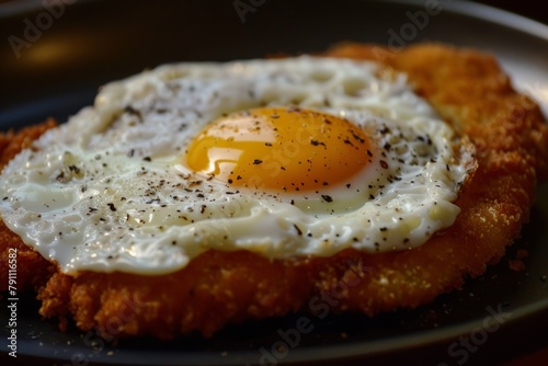 schnitzel with fried agg, baked potatoes and salad