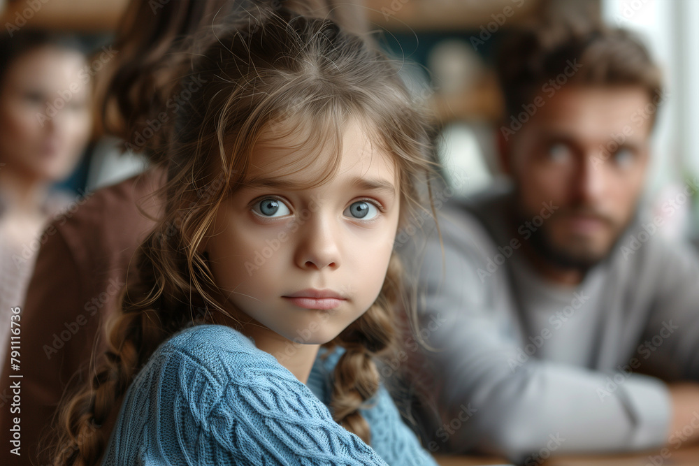 Little Girl Sitting at Table With Man in Background