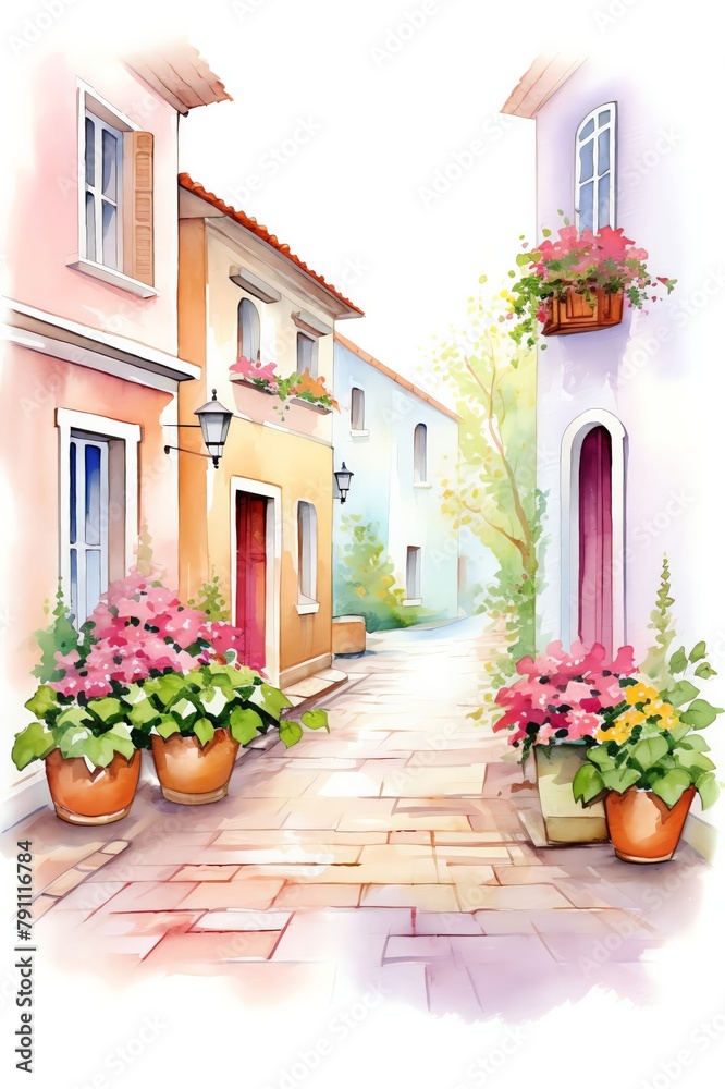 Quaint cobblestone street with flowering window boxes, perfect for a cozy living room or hallway, bringing oldworld charm and a sense of European elegance