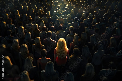 illuminated beautiful blonde rises above a crowd of diverse dark people photo