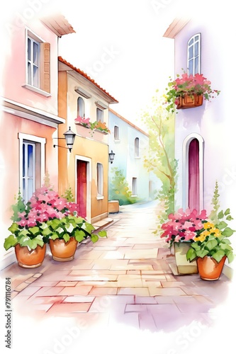 Quaint cobblestone street with flowering window boxes  perfect for a cozy living room or hallway  bringing oldworld charm and a sense of European elegance