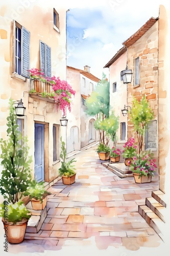 Quaint cobblestone street with flowering window boxes, perfect for a cozy living room or hallway, bringing oldworld charm and a sense of European elegance © Watercolorbackground