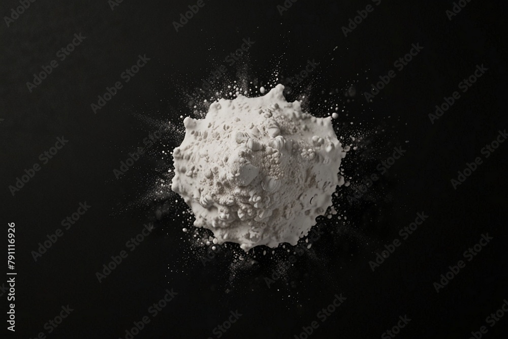 White powder isolated on black background, top view with clipping path. Very realistic, 8k quality, hyper realistic, ultra realism
