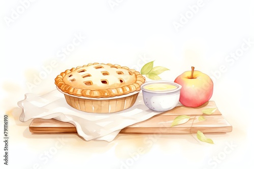 Rustic apple pie on a farmhouse table, great for a country kitchen or bakerythemed area, celebrating home cooking and the comforting allure of baked goods photo