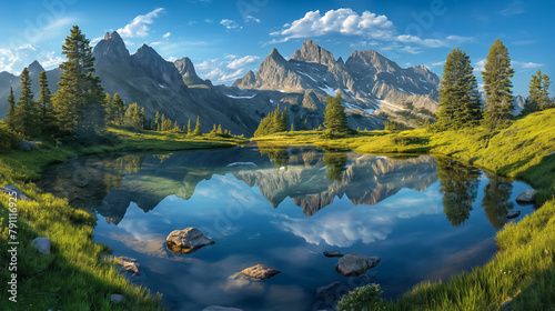 Stunning landscape with a tranquil lake surrounded by majestic mountains and lush greenery