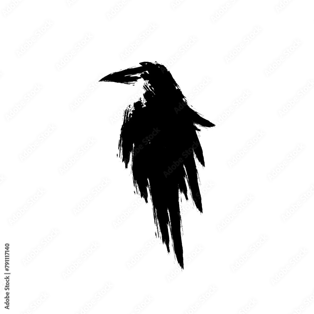 Naklejka premium Black raven or crow silhouette. Hand drawn vector illustration isolated on white.