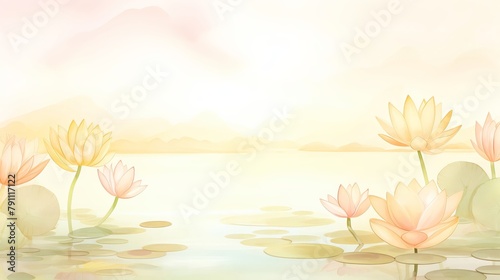 Serene lotus pond at dawn, perfect for a spa area or meditation room, promoting tranquility and reflection with soft morning light illuminating delicate blooms photo