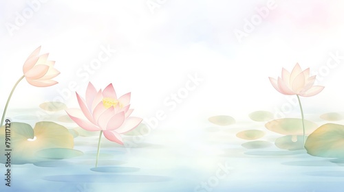 Serene lotus pond at dawn, perfect for a spa area or meditation room, promoting tranquility and reflection with soft morning light illuminating delicate blooms © Watercolorbackground