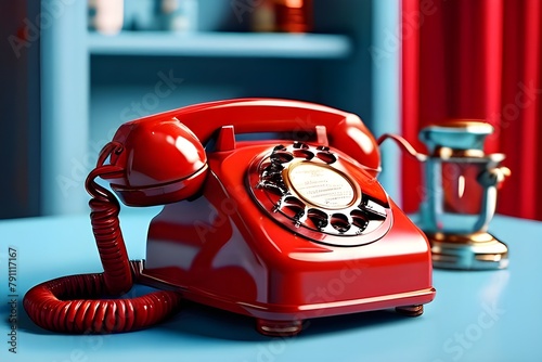 A red vintage rotary phone sits on a blue desk. Next to it is a red and silver cup. The background is a blue shelving unit.