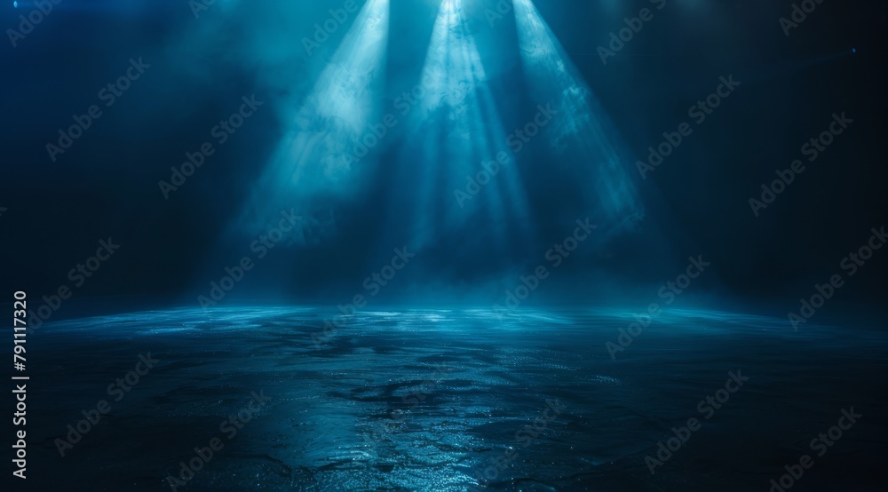 Abstract dark background, blue light rays and mist on asphalt floor. Night scene with spotlight.