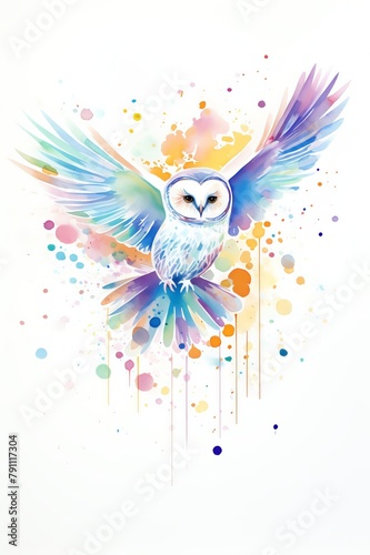 Vibrant watercolor of an owl in flight  ideal for a living room or study  capturing the dynamic grace and powerful presence of this majestic bird