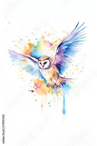 Vibrant watercolor of an owl in flight, ideal for a living room or study, capturing the dynamic grace and powerful presence of this majestic bird