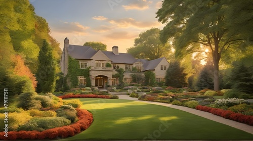 A large house with a beautiful garden in front, featuring colorful flowers, trees, and a well-manicured lawn. photo