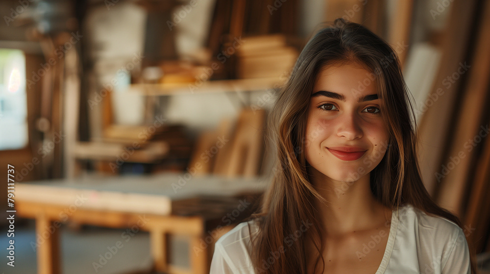 Aspiring Craftswoman with a Bright Smile in a Sunlit Woodshop Aspiring Craftswoman with a Bright Smile in a Sunlit Woodshop