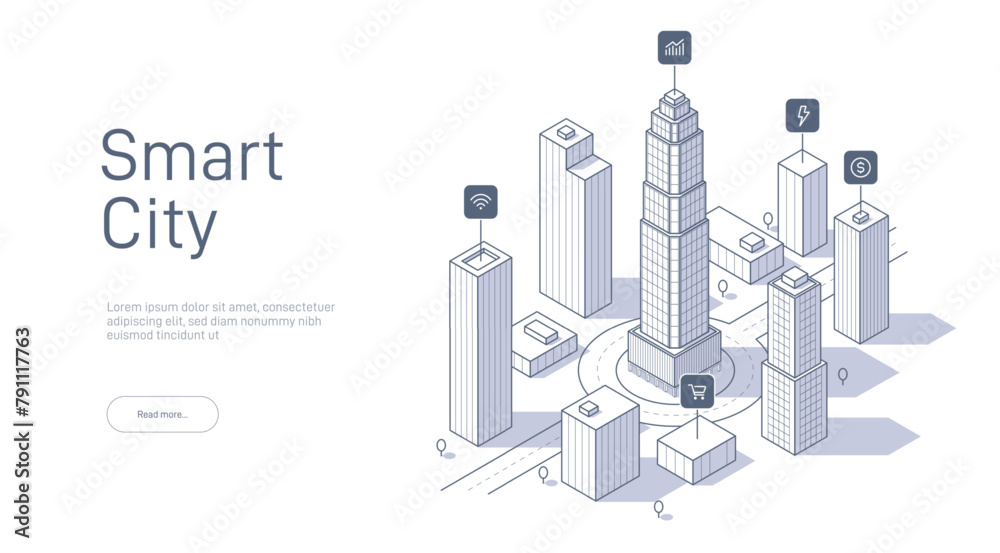 Smart city concept with contour style skyscrapers and homes, topped with tech icons representing connected urban life. Vector isometric illustration on web page.