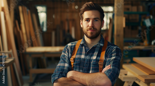 Confident Young Woodworker in Plaid and Suspenders at His Craft Station