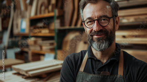 Welcoming Artisan in Glasses and Apron at His Woodworking Bench