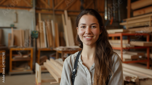 Smiling Young Female Carpenter in Casual Workwear at Her Workshop