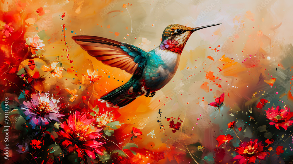 Colibri volant parmi les fleurs, illustration artistique