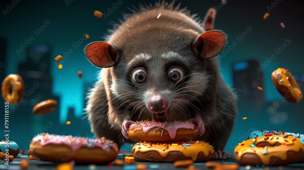 A plump possum scavenged for discarded doughnuts, its eyes darting around for potential treats - obrazy, fototapety, plakaty 