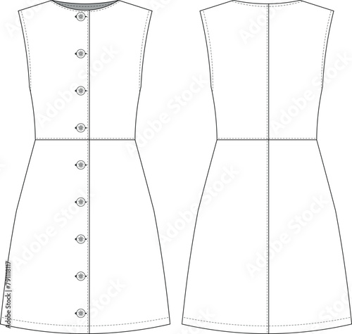 sleeveless round crew neck buttoned short a-line dress jean denim template technical drawing flat sketch cad mockup fashion woman design style model
