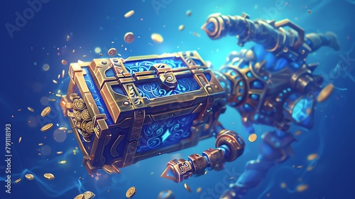 A robotic arm emerges from the depths of the ocean, its metallic grip holding a treasure chest overflowing with gold coins and precious jewels