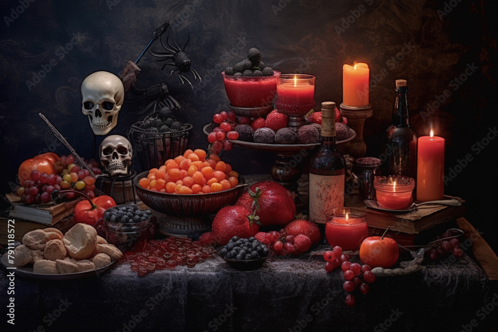 Spooky Still Life Composition with Table Set with Halloween Treats Spooky Still Life Composition with Table Set with Halloween Treats
